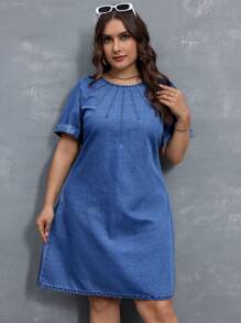 SHEIN Essnce 大码夏季休闲洗水牛仔连衣裙 - 深色水洗藍 - 查看 5