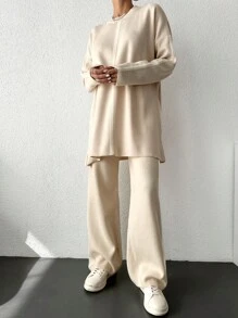 EURMUSE Women's Long Knit Sweater And Loose Knit Pants Two Piece Set - Apricot - View 6