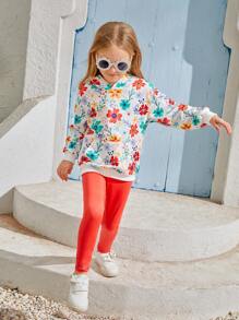 SHEIN Bộ 2 áo nỉ trùm đầu cho bé gái vẽ tay họa tiết hoa và quần legging màu cam, SUNSHINE KIDS - Nhiều màu - Xem 3