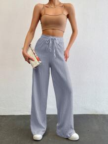 SHEIN Tall 棉质高腰女式纯色长腰抽绳裤 - 淺藍色 - 查看 6