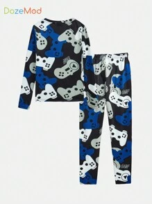 SHEIN Leap Crew Tween Boys Casual Comfortable Round Neck Long Sleeve Pants Printed Snug Fit Loungewear - Blue - View 2