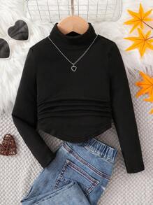 SHEIN Babygirl 可爱休闲百搭黑色高领长袖针织上衣 - 黑色 - 查看 2