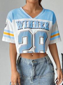 StreetHx 1pc Fashionable Contrast Color Cropped Ribbed Sporty Casual T-Shirt Graphic Tees Women Tops - Blue - View 6