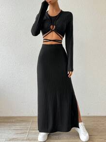 Chiquease Rib-Knit Hollow Out Drawstring Crop Top & High Split Bodycon Skirt 2pcs Set, Sexy Athleisure Look Fall Cloth For Women - Black - View 4