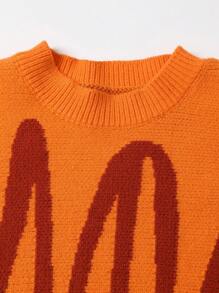 Tween Girl Line 印花圆领长袖毛衣和针织 A 字裙休闲套装，秋冬装 - 橘色 - 查看 5