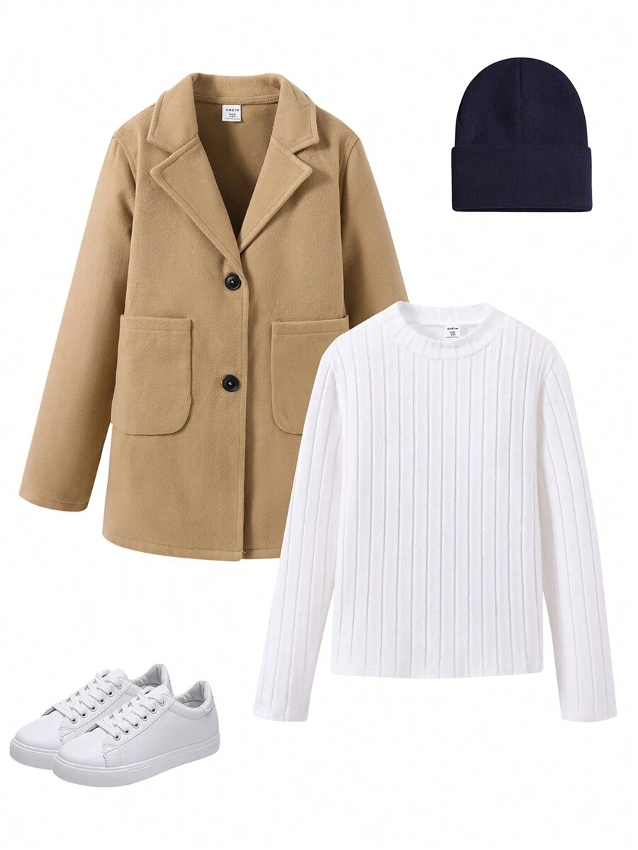 SHEIN 2 件套青少年男孩优雅通勤夹克和高领 T 恤，适合冬季时尚 - 棕色 - 查看 1