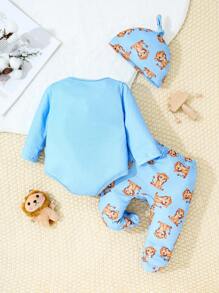 SHEIN 3pcs/Set Baby Boy Cute Lion Print Long Sleeve Top And Pants With Hat Home Wear