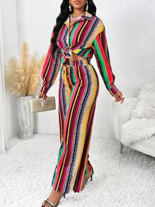SHEIN Lady Four Seasons Red Set Casual Two Piece Set Women Women Suits Fall Sets Bohemian Style Casual Colorful Striped Long-Sleeved Shirt With Loose Wide-Leg Pants Women Fall Sets Fall Two Piece Sets New Women's Two-Piece Set