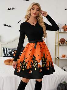 SHEIN Essnce Women's V-Neck Waist-Tie Shell-Trim Halloween Print Long Sleeve Mini Dress  Autumn Cute Cartoon Print Patchwork Waist Long Sleeve Dress For Halloween,Black