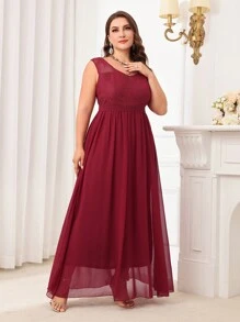 SHEIN Belle Vestido formal de dama de honor de talla grande sin mangas con malla en color rojo burdeos, vestido de fiesta elegante de línea A para madre de la novia de talla grande - Burdeos - Ver 4