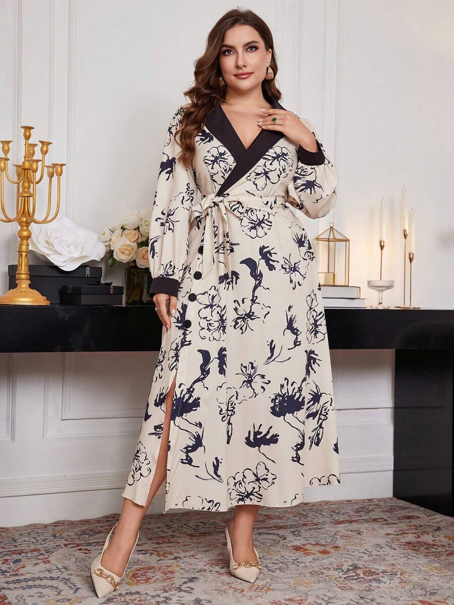 Modelyn Abito lungo con colletto scialle a maniche lunghe e colorblock, taglia grande, elegante abito da sera a-line per feste ed eventi - Albicocca - Visualizzare 1
