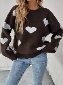 Chiquease Women's Heart Pattern Casual Knit Sweater, Spring/Fall Knit Pullover Fall Winter Outfit - Coffee Brown - View 6