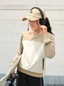 SHEIN Tween Girls Outdoor Sports Hiking Camping Picnic Boating Mountaineering Gray Patchwork Zipper Pocket Warm Comfortable Casual Pullover Sweatshirt For Fall Winter