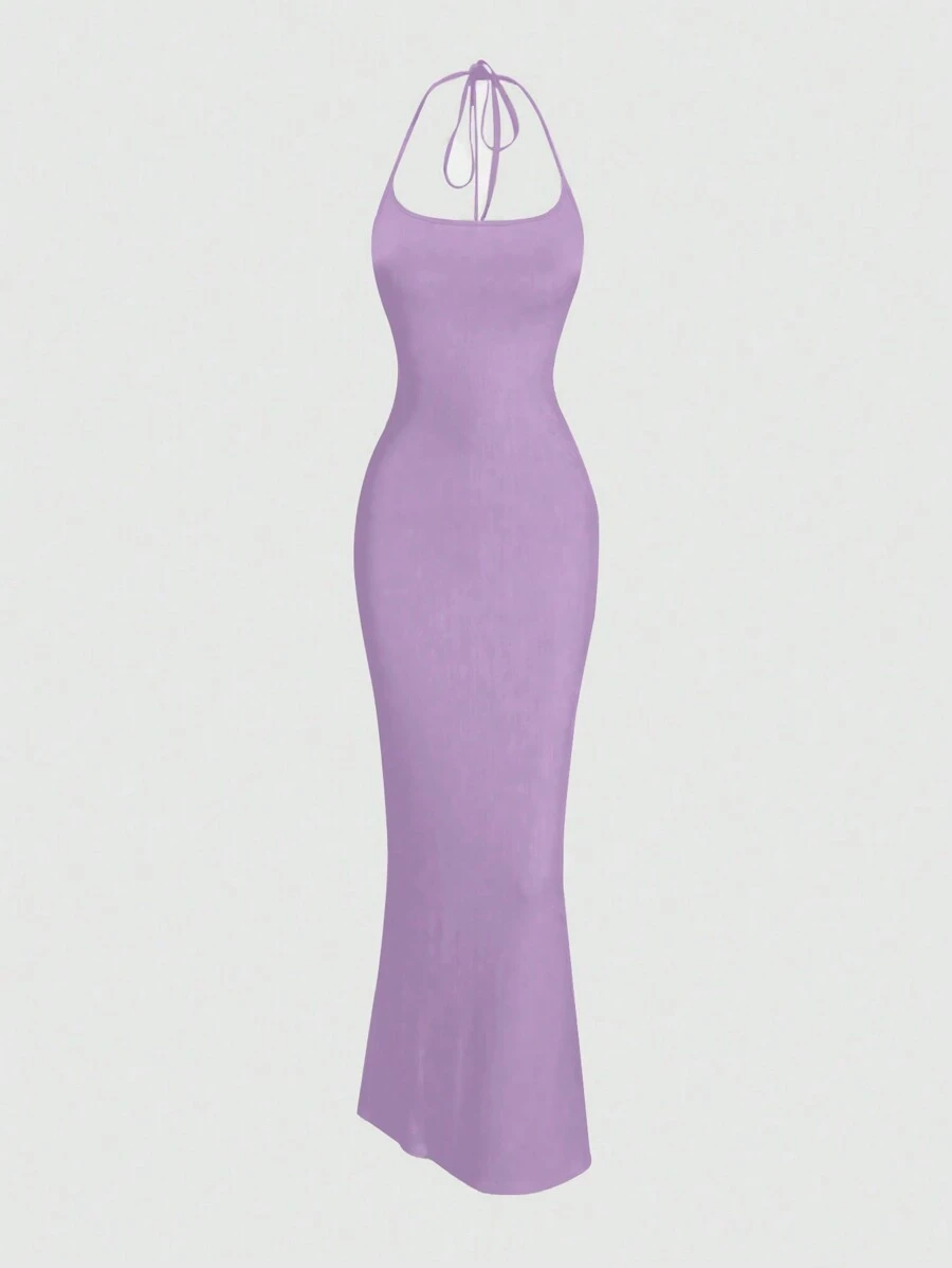 Sweetra Women Solid Color Minimalist Halter Tie Neck Velvet Long Homecoming Dress Maxi Women Outfit - Mauve Purple - View 1