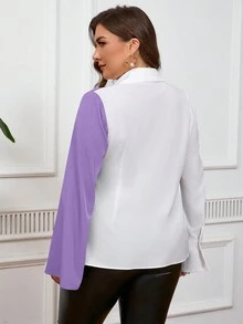 SHEIN Privé Áo sơ mi dài tay màu tương phản đen trắng thoải mái thường ngày cỡ lớn dành cho nữ có viền rộng - Màu tím - Xem 7