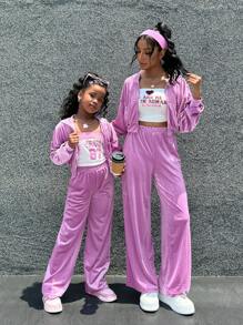 SHEIN Essnce 2 件拉链连帽夹克和阔腿裤套装，母女搭配 - 粉色 - 查看 1