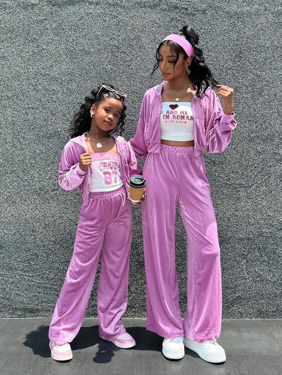 SHEIN Essnce 2 件拉链连帽夹克和阔腿裤套装，母女搭配 - 粉色 - 查看 1