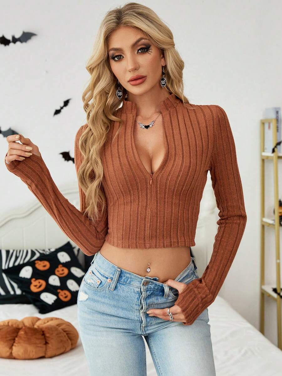 SHEIN Essnce 女士棕色半拉链长袖休闲 T 恤 - 摩卡棕 - 查看 1