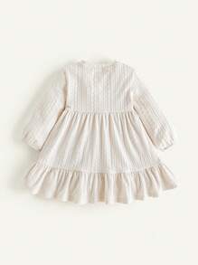Cozy Pixies Baby Girl Wave Pattern Round Neck Dropped Shoulder Puff Sleeve Waisted Dress - Apricot - View 2
