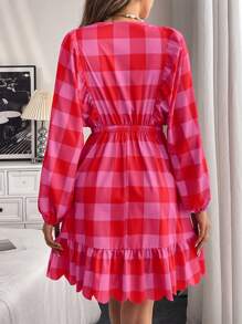Chiquease Shirred Gathered Puff Sleeve Ruffle Trim Plaid Print Short Sleeve Mini Dress - Pink - View 2