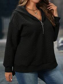 SHEIN LUNE Áo nỉ dài tay cổ bẻ dáng lửng màu trơn dành cho nữ cỡ lớn, kiểu dáng thường ngày, thích hợp mặc mùa thu/đông. - Xám - Xem 5