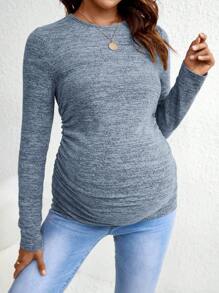SHEIN Maternity Casual Ruched Slim Fit Long Sleeve T-Shirt, Spring & Autumn - Dusty Blue - View 6