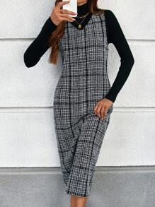 SHEIN LUNE 女式休闲 V 领宽松无袖连衣裙，适合秋冬季 - 黑與白 - 查看 6