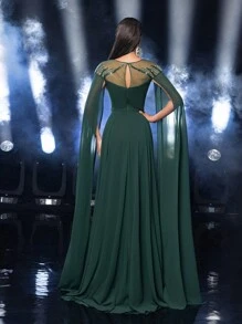 SHEIN Belle 优雅华丽的奢华深绿色手工串珠亮片设计紧身胸衣鱼骨飘逸长袖和超宽下摆适合婚礼派对毕业典礼舞会晚礼服（重型工作风格），正式礼服，适合婚礼嘉宾，晚宴，圣诞节 - 墨綠色 - 查看 4