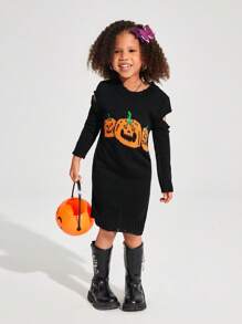 Young Girl Halloween Party Pattern Cold Shoulder Distressed Sweater Dress,Perfect For Autumn And Winter - Black - View 6