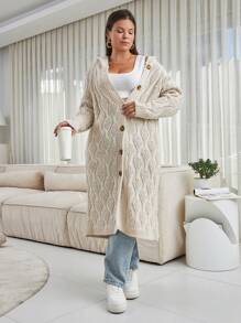 EURMUSE Plus Size Casual Hooded Cable Knit Cardigan - Beige - View 3