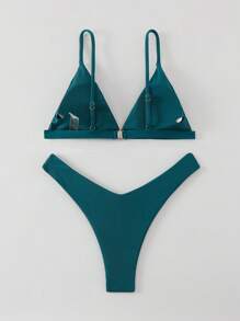 SHEIN Swim مجموعة بكيني بقطعتين بسيطة وعادية للنساء للاستخدام اليومي في الصيف - أخضر داكن - مشاهدة 2