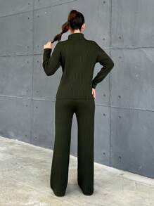 SHEIN Cottnline Casual Rib Knit Soft Touch Mock Golden Half Zipper Neck Sweater & Wide Leg Rib Knit Sweater Pants 2 Piece Set - Army Green - View 2