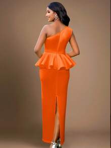 Asymmetrical Neck Floral Ruffled Bodycon Dress - Orange - View 2