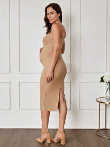 SHEIN 2pcs Maternity Ruffle Collar Cardigan Top & Tie Waist Split Front Dress Set - Brown - View 4