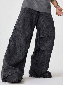 Manfinity RebelGame 男士宽松水洗休闲裤，休闲百搭深灰色长裤，适合外出穿着，可作为送给丈夫或男友的礼物 - 黑色 - 查看 3