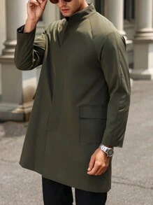 Manfinity Bizformal 男士纯色立领休闲风衣，秋季 - 軍綠色 - 查看 4