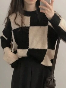 DAZY 女士圆领长袖格子简约毛衣，休闲日常，冬装，秋装 - 黑色 - 查看 5