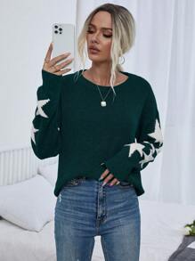 EMERY ROSE Crew Neck Long Sleeve Pentagram Graphic Casual Knit Pullover Sweater, Daily Wear, Knit Pullover Fall Winter - Green - View 6