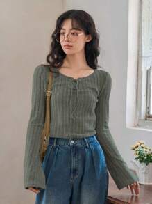 FRIFUL 女士春/秋季纯色长袖 T 恤夏季 - 綠色 - 查看 5