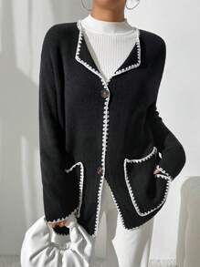 SHEIN Essnce 女士服饰 女士休闲落肩拼色花卉边缘开衫 开衫毛衣，秋冬