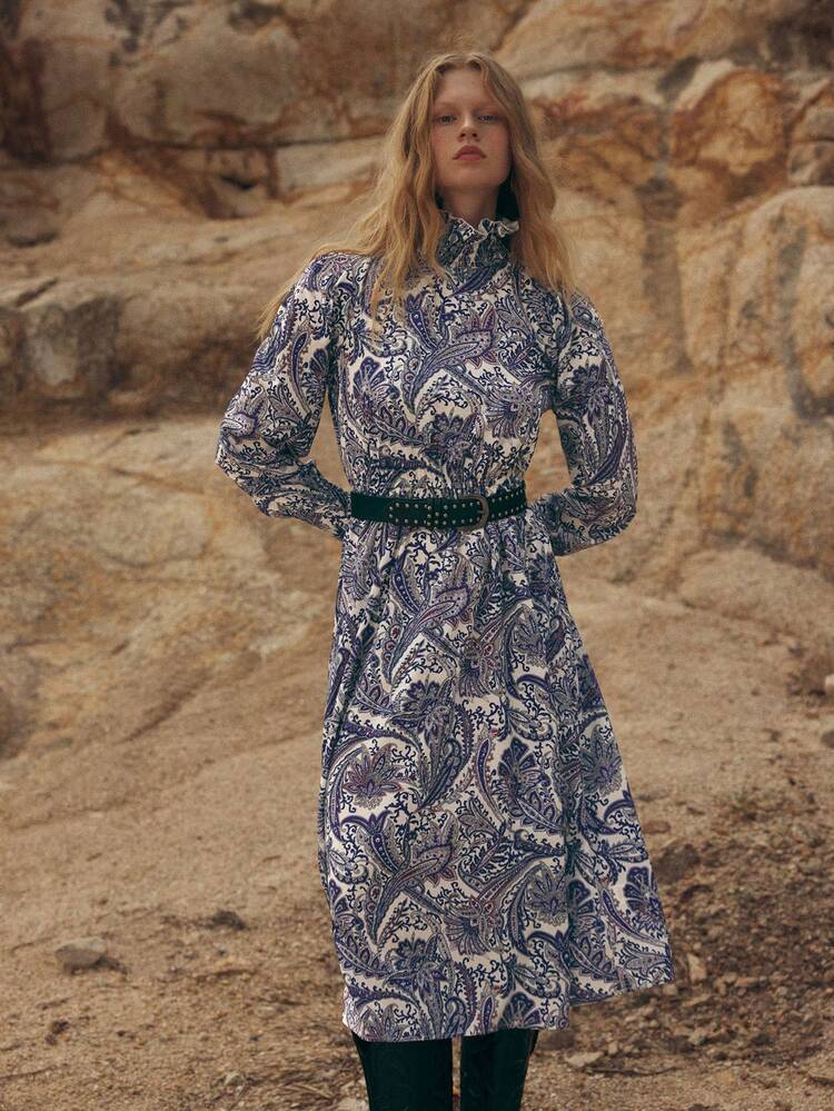 SHEIN Maija Women's Vintage Style Floral Print High Collar Long Sleeve Dress Western Dress