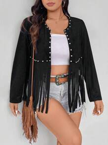 Front Beaded Tassel Hem Plus Size Long Sleeve Jacket Fall Winter Cloth For Women Autumn - Black - View 6
