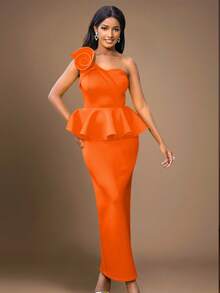 Asymmetrical Neck Floral Ruffled Bodycon Dress - Orange - View 4