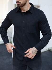 Manfinity Homme Men's Casual Solid Color Shacket, Spring & Autumn - Black - View 7