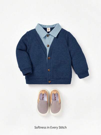 Cozy Pixies Baby Boy Casual Versatile Color Blocking Faux Shirt Collar Cardigan,In Fall/Winter