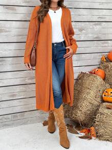 大码女式纯色长袖前开式休闲秋季开衫，秋冬款 - 亮橙色 - 查看 5