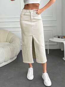 EURMUSE Split Thigh Denim Skirt - Beige - View 5