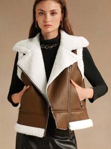Anewsta Casual Fluffy Trim Vest Jacket, Versatile For Fall/Winter - Brown - View 4