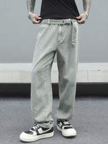 Manfinity EMRG Pantalones vaqueros casuales rectos y sueltos con bolsillos para hombres - Verde militar - Ver 1