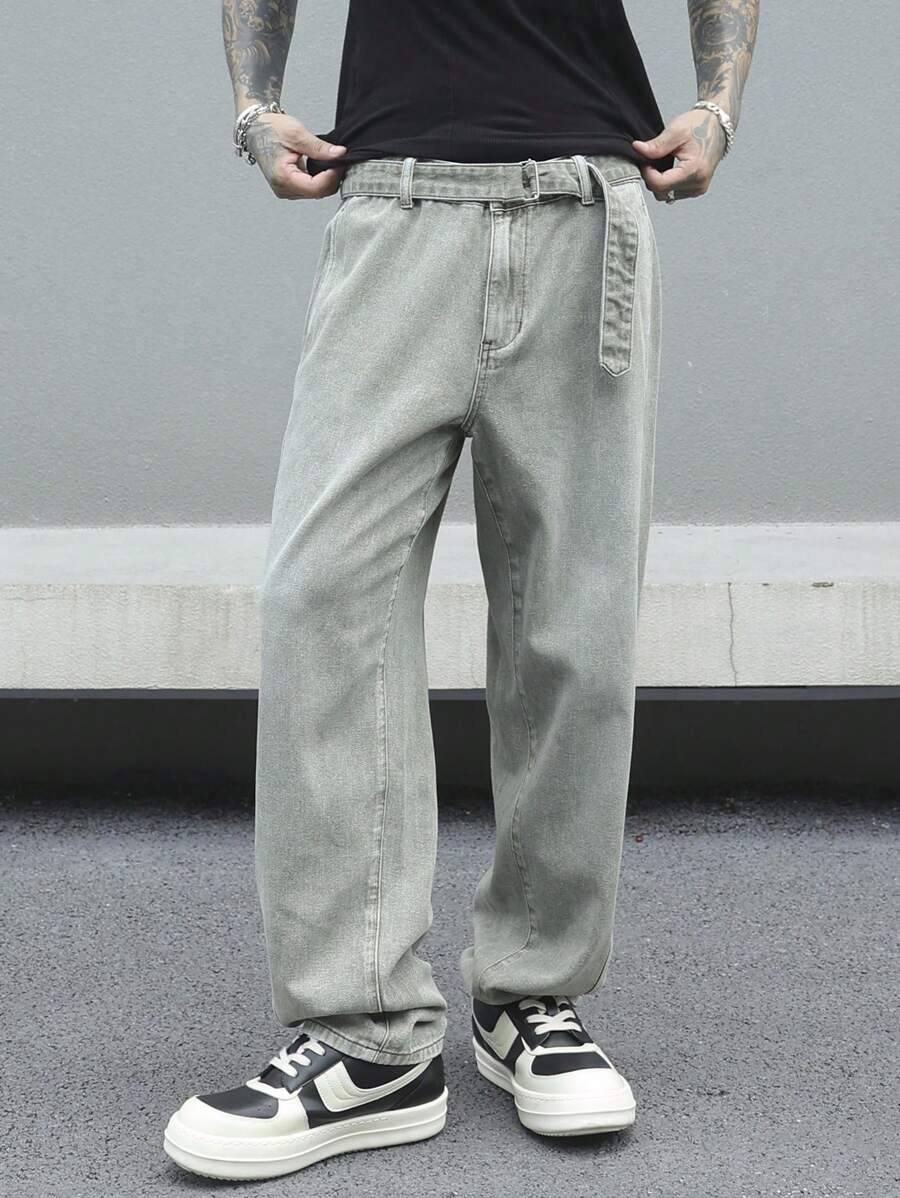 Manfinity EMRG Pantalones vaqueros casuales rectos y sueltos con bolsillos para hombres - Verde militar - Ver 1